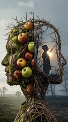 Symbolic representation of human mind, growth, and inner world with apples and branches forming a head profile