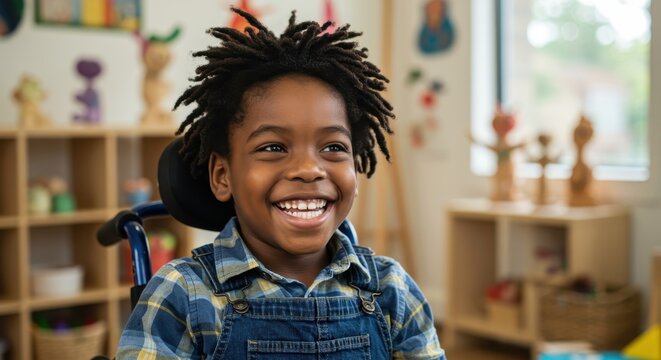 Happy African American boy with dreadlocks smiling in a wheelchair in a bright classroom.