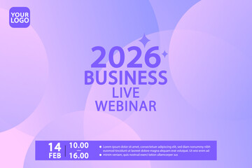Template for a 2026 business live webinar. A clean and modern banner with a purple abstract background for a corporate online event or virtual meeting announcement. Vector layout.
