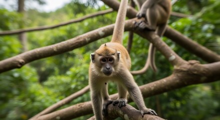 Naklejka premium A monkey climbing on tree branches in a lush green forest environment