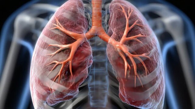 An illustration of human lungs, showcasing the respiratory system and highlighting the impact of viral infections on lung tissue. A detailed view ideal for educational purposes.
