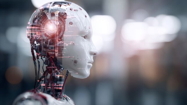 Futuristic robot thinking with binary code, artificial intelligence and machine learning technology concept, digital innovation with smart algorithm and cyber data visualization