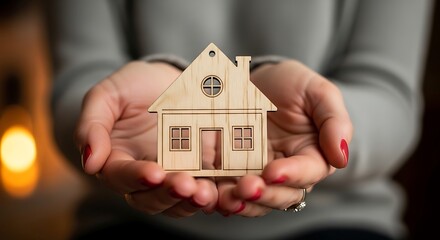 A delicate wooden house figurine, held gently in cupped hands, evokes a sense of warmth and homeownership.