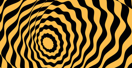 Abstract graphic design with concentric, swirling, black and orange stripes creating an optical illusion.
