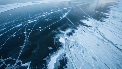 Intricate patterns of cracks and fissures spread across a vast expanse of frozen water, creating a mesmerizing abstract texture