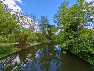 Obraz premium Beautiful river with green trees under blue sky