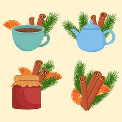Christmas food Winter Tea jam jar kettle decorated with fir tree branches cinnamon orange pieces