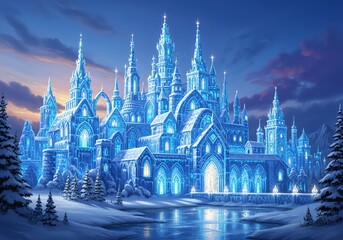 Elaborate winter ice palace under twilight sky