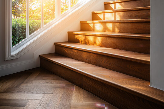 Warmly Lit Wooden Staircase with Herringbone Flooring near Window