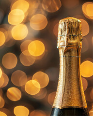 Macro close-up of champagne bottle neck wrapped in golden foil with festive bokeh background