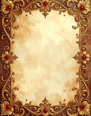 luxurious golden filigree christmas border with tiny red jewel accents