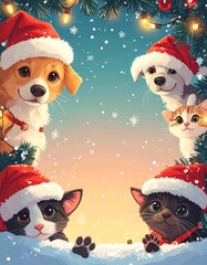 adorable cartoon pet christmas border with festive hats lights and paw prints