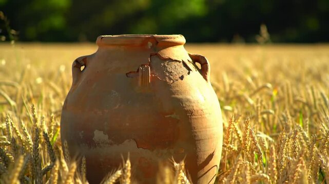 Weathered amphora nestled among golden wheat field