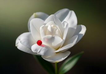 A delicate white flower, illuminated by soft light, showcasing intricate details and a single, vibrant red drop.