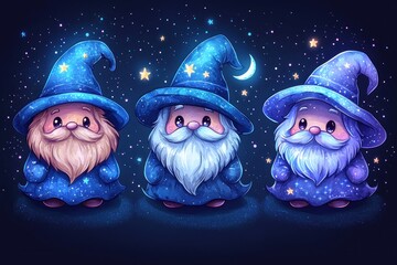 Fototapeta premium Cute Cartoon Wizards Group Isolated . Set of Funny Magicians Isolated . 2D Illustration for Your Design. Magicians. Wizards. Cute Wizards Collection Isolated.