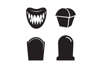 Four spooky halloween icons featuring a monster mouth coffin and tombstones