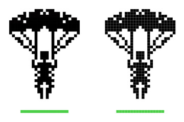 A silhouetted parachutist is shown in mid-descent, featuring a classic parachute and a simple, minimalistic design. The scene lacks any detailed background, emphasizing the figure