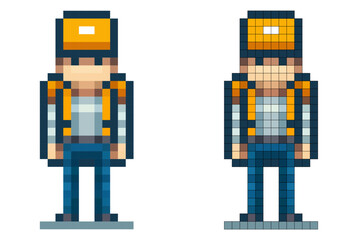 A pixel art character stands still with an orange cap and backpack. This character appears ready for adventure, showcasing a vibrant design against a simple background