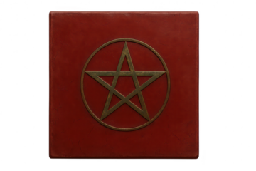 Dark red ancient book with brass pentagram symbol isolated on transparent background