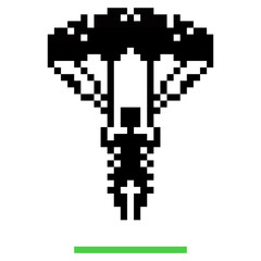 A silhouetted parachutist is shown in mid-descent, featuring a classic parachute and a simple, minimalistic design. The scene lacks any detailed background, emphasizing the figure