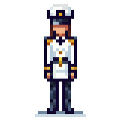 A female officer dressed in a formal white uniform with navy blue details and gold accents stands upright. The artwork is in pixel art style, showcasing a classic military look