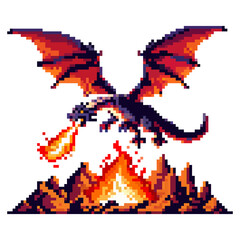A dragon with fiery wings breathes flames while flying over a mountain landscape. This pixel art scene captures the energy of the creature and the flames below, showcasing vivid colors