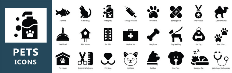 Pets Icons Collection | Veterinary, Grooming, Adoption, and Animal Accessories Vector Set