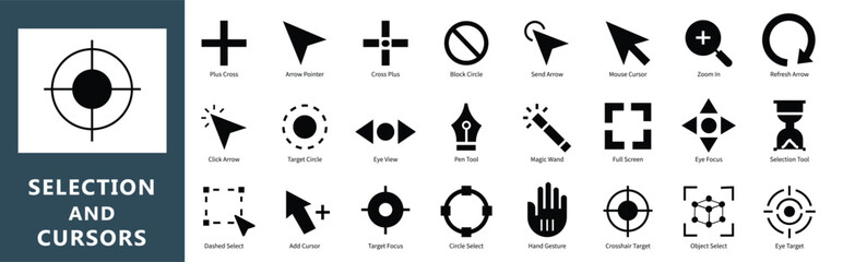 Selection Cursors and Pointer Icons Set - UI Interface Vector Graphics Collection. Mouse Pointer, Click, Drag, and Navigation Vector Symbols