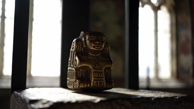 Golden tribal statue figurine with intricate patterns, an ancient artifact gleaming on display against a backdrop of historic windows and natural light, embodying historical mystique.
