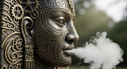 Fototapeta premium Intricate Steampunk Sculpture Releasing White Smoke in Outdoor Setting