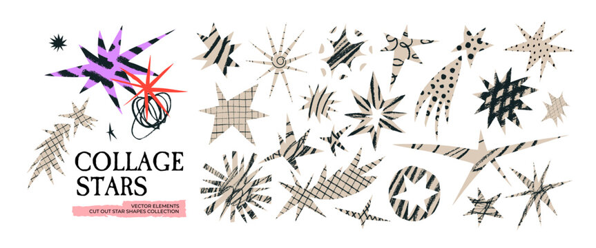 Cut out irregular star shapes for collages and zine design. Funky figures with scribbles, crayon doodles and texture patterns.