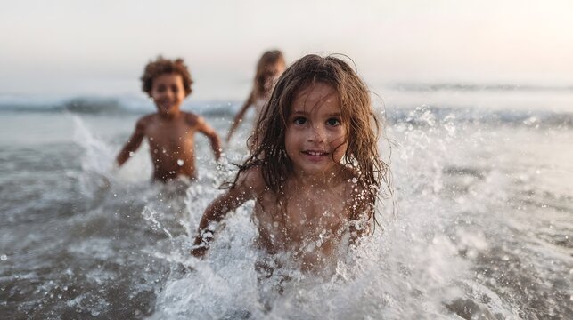 Three joyful children running and splashing in the ocean waves on a sunlit beach embodying the carefree spirit of summer vacation