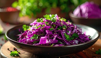 Red Cabbage Salad with Parsley and Seeds in Dark Bowl on Wooden Table