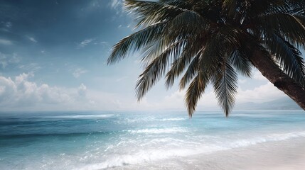 A serene tropical beach scene with a leaning palm tree overlooking the turquoise ocean under a bright cloudy sky