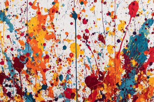 Vibrant abstract expressionism featuring splatters and drips of blue, red, yellow and orange paint on white background, concept for modern art prints, creative backdrop and colorful wall decor