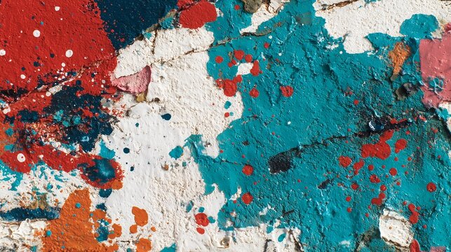 Abstract detail of cracked paint with vibrant red, teal, orange and white splatters. Concept for artistic background, creative textures and surface design