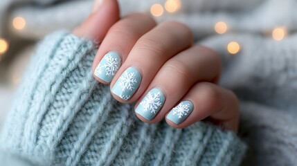 Woman's hand with baby blue snowflake nail art on knitted sweater in winter ambience. Concept for Christmas manicures, holiday season style and winter fashion trends