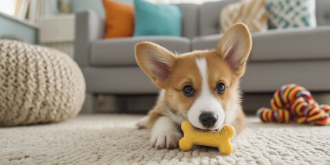 Adorable Corgi puppy lying on a soft rug, holding a yellow bone toy in its mouth near colored rope toy, concept for pet product advertisement, animal shelter campaign and veterinary care promotion