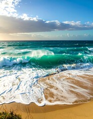 Stunning ocean waves crashing on a golden beach