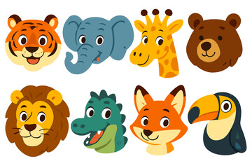 Big set of cute cartoon animal faces. Vector illustration of safari, jungle, forest & zoo wildlife characters. Lion, tiger, elephant, giraffe, bear, fox, toucan, crocodile.