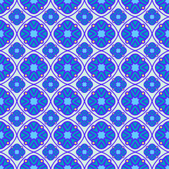 Vibrant blue floral geometric abstract seamless pattern with ornamental symmetry