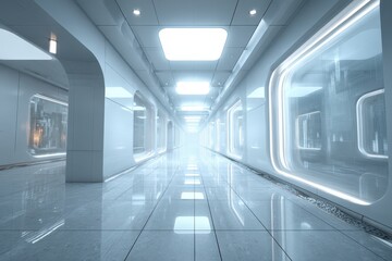 Obraz premium A futuristic corridor with white walls, glossy marble floor, and diffused lighting creates a bright, clean, and modern tunnel-like space, hinting at advanced technology and design.