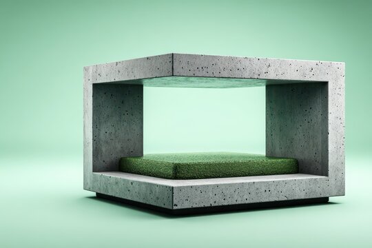 Contemporary product display podium with concrete structure and green moss platform, set against a soft green background, showcasing modern minimalistic design and natural textures.
