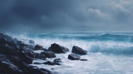 Dramatic storm over a rugged rocky coastline with powerful waves crashing against the shore under dark moody clouds