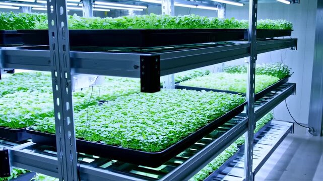 Rows of young plants on metal shelving in a vertical farm