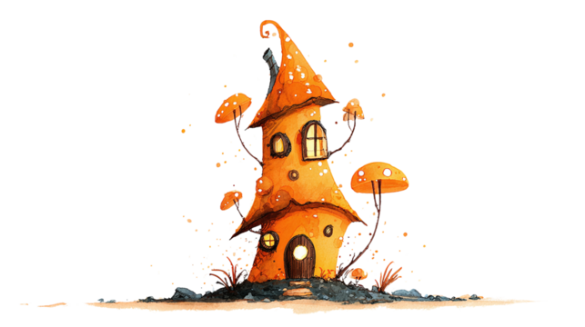 Halloween fairy house painted in watercolor, whimsical spooky design isolated on transparent background 