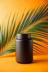 A black matte can without a label on an orange background