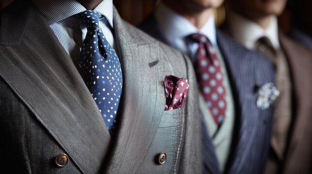Close-up of three men in tailored suits with ties and pocket squares showcasing refined elegance, concept for luxury fashion, sophisticated style and professional attire