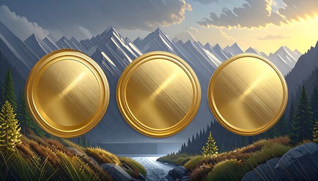 Three gold medallions against a mountain landscape