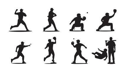 Collection of baseball player silhouettes in various action poses silhouette